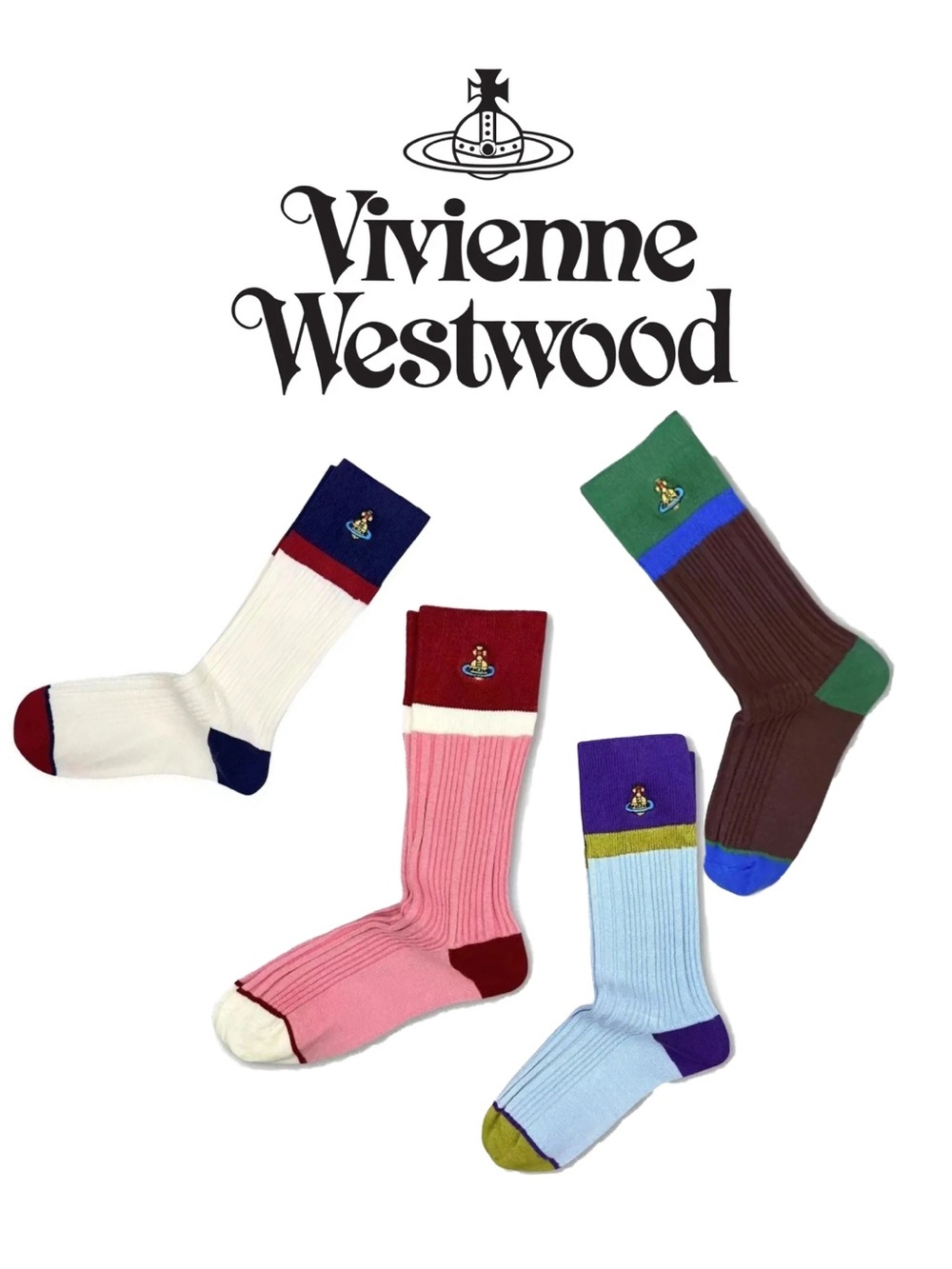 Vivienne Westwood Unisex Colorblock Ribbed Socks - Multi Color Choices - Picture 9 of 13